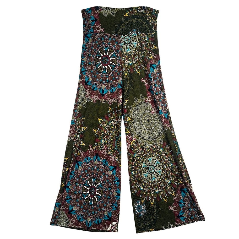 Boho Junky Closet Mandala Print Wide Leg Pants Womens L Olive Green Palazzo